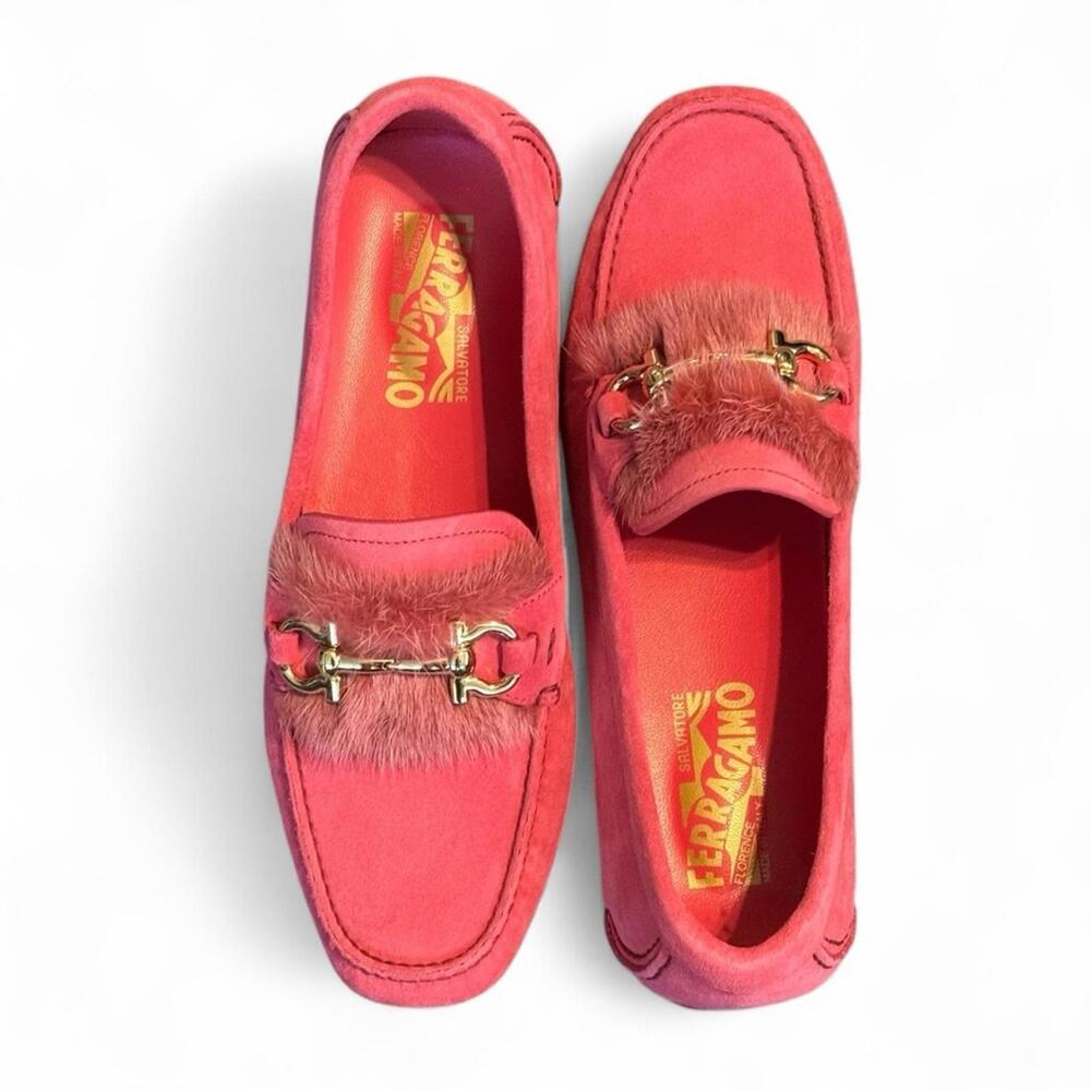Salvatore Ferragamo Parigi Pink Mink Fur Trim Loafers Flats Shoes Drivers 7.5 - Picture 2 of 8